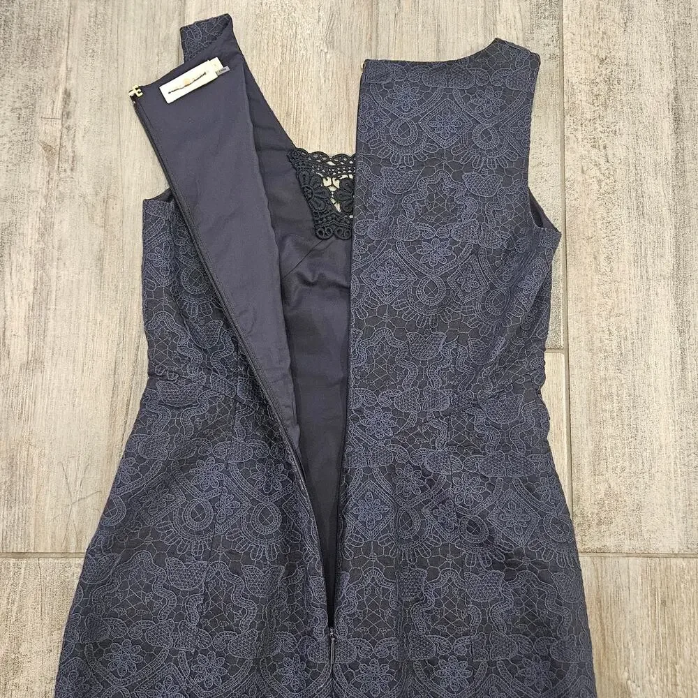 Tory Burch Dress Womens Size 4 Navy Blue Lace Pencil V Neck Strapless Lined Slit